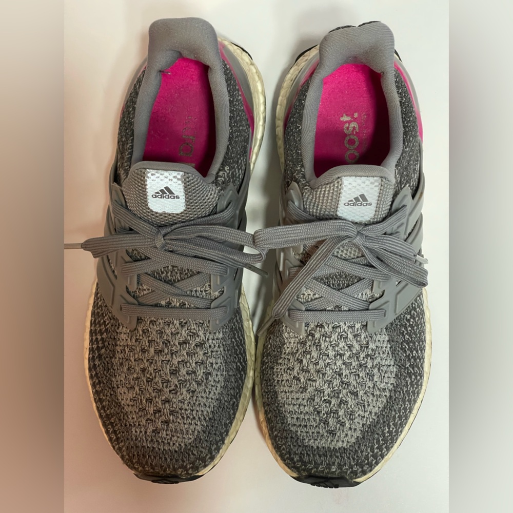 Gray UltraBoost Adidas Running Shoes with Pink trim sz 7